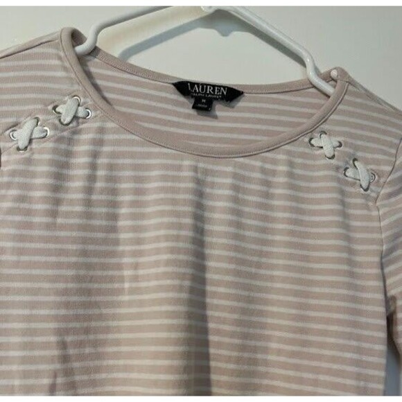Lauren Ralph Lauren Beige & White Striped Normcore Minimalist SS Tee Sz M - Picture 5 of 7